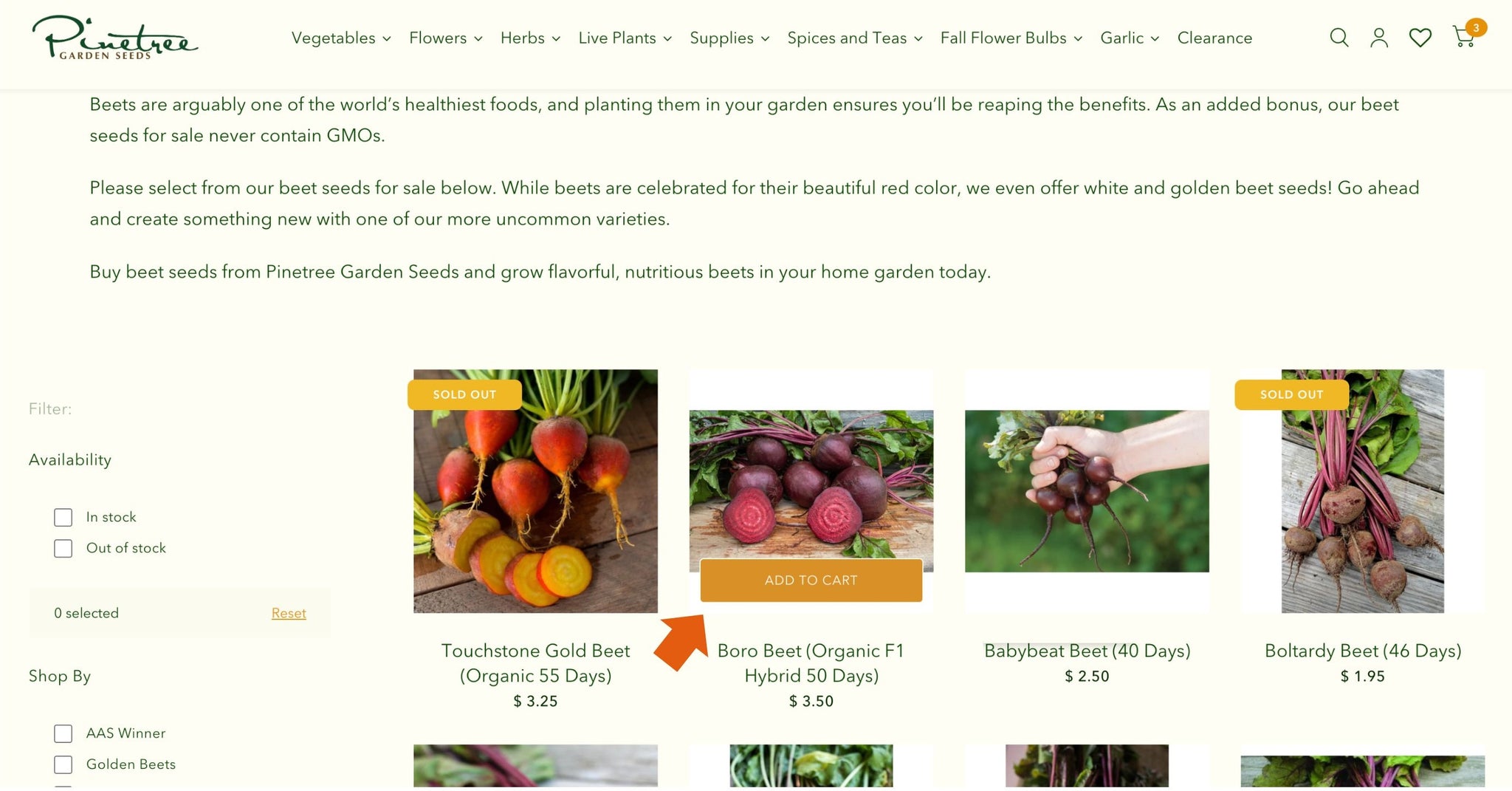 Information about Beet Seeds in green lettering on a tan page.