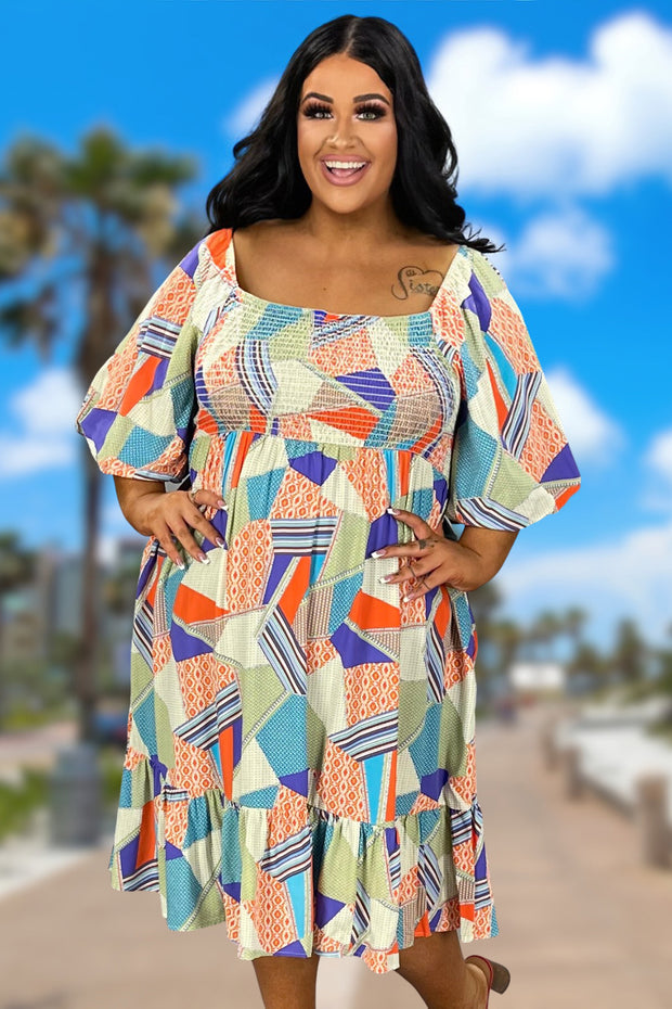 75 PSS-X {Love Never Ends} Multi-Color Print  Smocked Dress PLUS SIZE XL 2X 3X