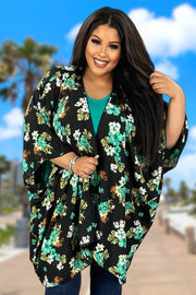 62 OT-P {Making It Happen} Black/Mint Floral Kimono EXTENDED PLUS SIZE XL 2X 3X 4X 5X