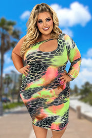 LD-M OR 78 OS-Z {Call Me Baby} Pink/Green Leopard One Shoulder Dress PLUS SIZE XL 2X 3X