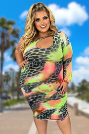 LD-M OR 78 OS-Z {Call Me Baby} Pink/Green Leopard One Shoulder Dress PLUS SIZE XL 2X 3X