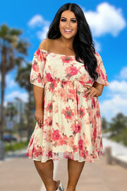 76 PSS-Y {Full Of Whimsy} Pearl/Coral Floral Lined Dress PLUS SIZE XL 2X 3X