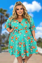 72 PSS-W {Spur Of The Moment} Mint Floral V-Neck Dress w/Belt PLUS SIZE 1X 2X 3X