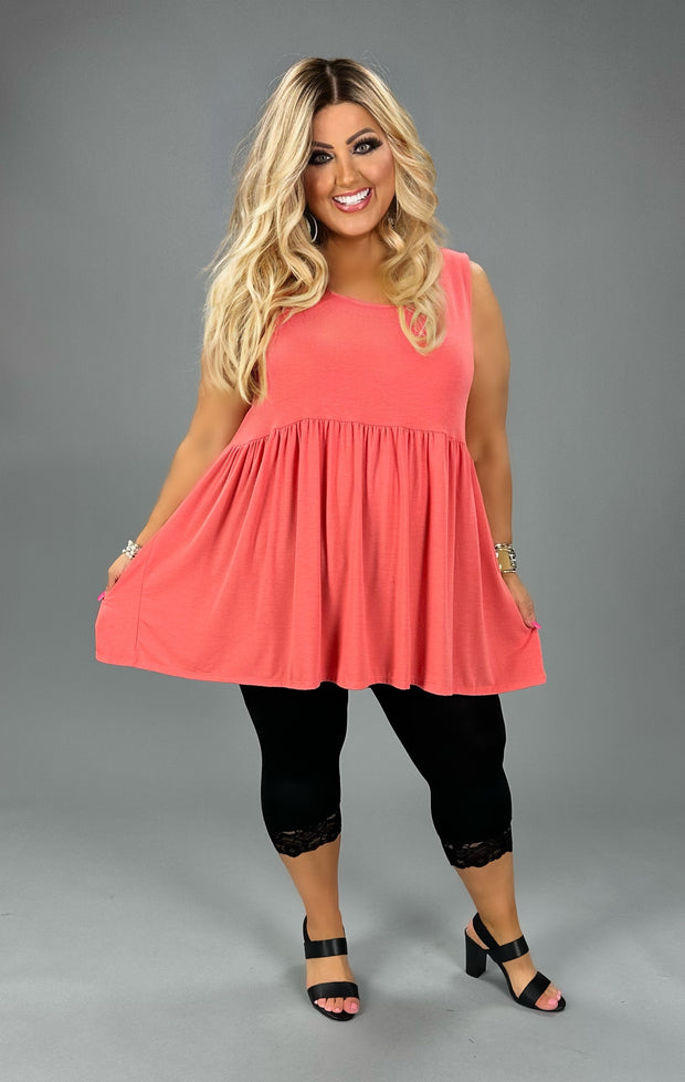 78 SV-G {Never Better} Deep Coral Sleeveless Babydoll Top PLUS SIZE 1X 2X 3X