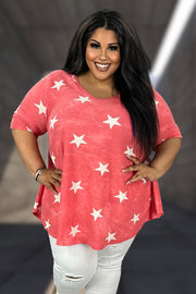 86 PSS {Star Shine Bright} Red Star Print Waffle Knit Top EXTENDED PLUS SIZE 3X 4X 5X
