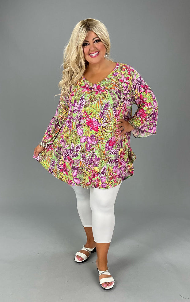 36 PQ-A {Tropical Tango} Lime Tropical Floral V-Neck Top EXTENDED PLUS SIZE 3X 4X 5X