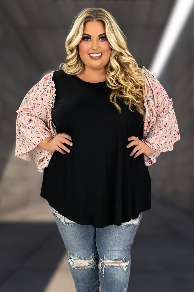 21 CP-R {Defining Moment} Black Top w/Floral Sleeves CURVY BRAND!!! EXTENDED PLUS SIZE 4X 5X 6X