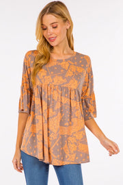 55 PSS-M {All The Love} Charcoal/Orange Print Babydoll Top PLUS SIZE 1X 2X 3X