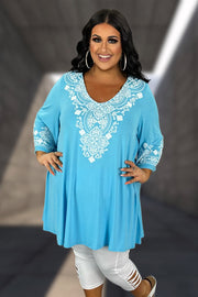 59 SD {Classy Beauty} Aqua V-Neck Embossed Tunic CURVY BRAND!!!  EXTENDED PLUS SIZE XL 2X 3X 4X 5X 6X