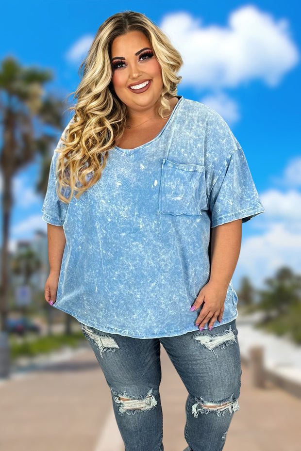 13 PSS-D {Sure And Steady} Blue Mineral Wash V-Neck Top PLUS SIZE 1X 2X 3X