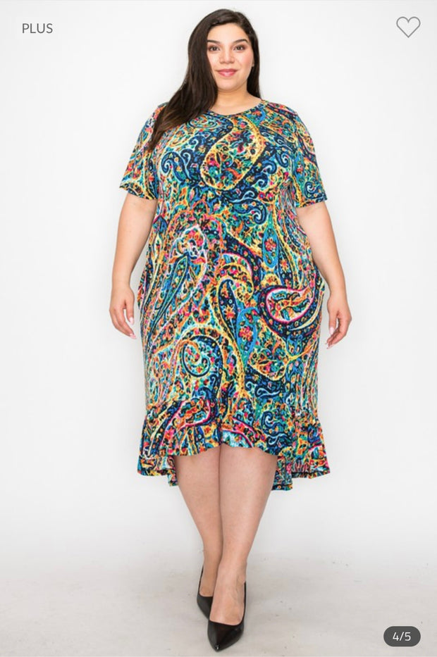 LD-Z {Dreams Of Paisley} Blue Paisley Print High/Low Dress EXTENDED PLUS SIZE 3X 4X 5X