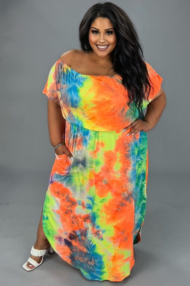 LD-Z {Always Carefree} Blue/Orange Tie Dye Off Shoulder Maxi Dress CURVY BRAND!!!  EXTENDED PLUS SIZE XL 2X 3X 4X 5X 6X