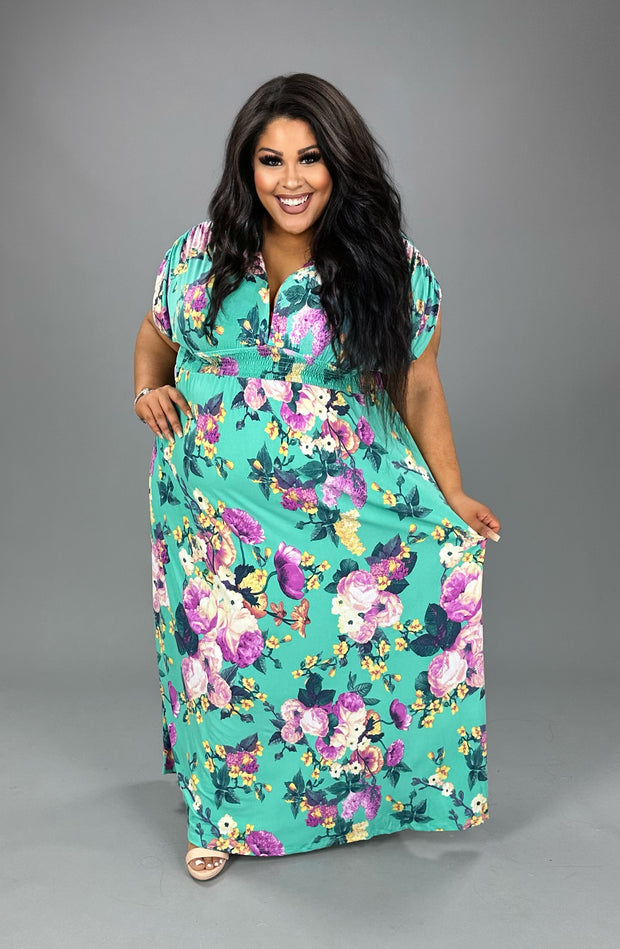 LD-Z & F {Mellow Moment} Emerald Floral Smocked Maxi Dress PLUS SIZE 1X 2X 3X