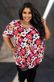 34 or 37 CP {Daily Dreamer} Black/Pink Floral Caged Neck Top CURVY BRAND!!!!  EXTENDED PLUS SIZE XL 2X 3X 4X 5X 6X