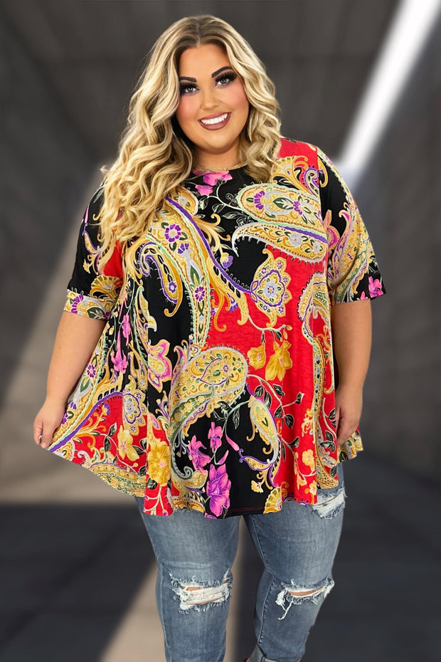 68 PSS-E {Light Up The World} Black/Red Floral Paisley Print Tunic EXTENDED PLUS SIZE 4X 5X 6X