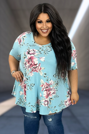 23 PSS-G {Sweet At Heart} Blue Floral V-Neck Top EXTENDED PLUS SIZE 3X 4X 5X