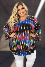 63 PQ-P {Blurry Pixels} Red Blue Printed Bell Sleeve Top EXTENDED PLUS SIZE 3X 4X 5X