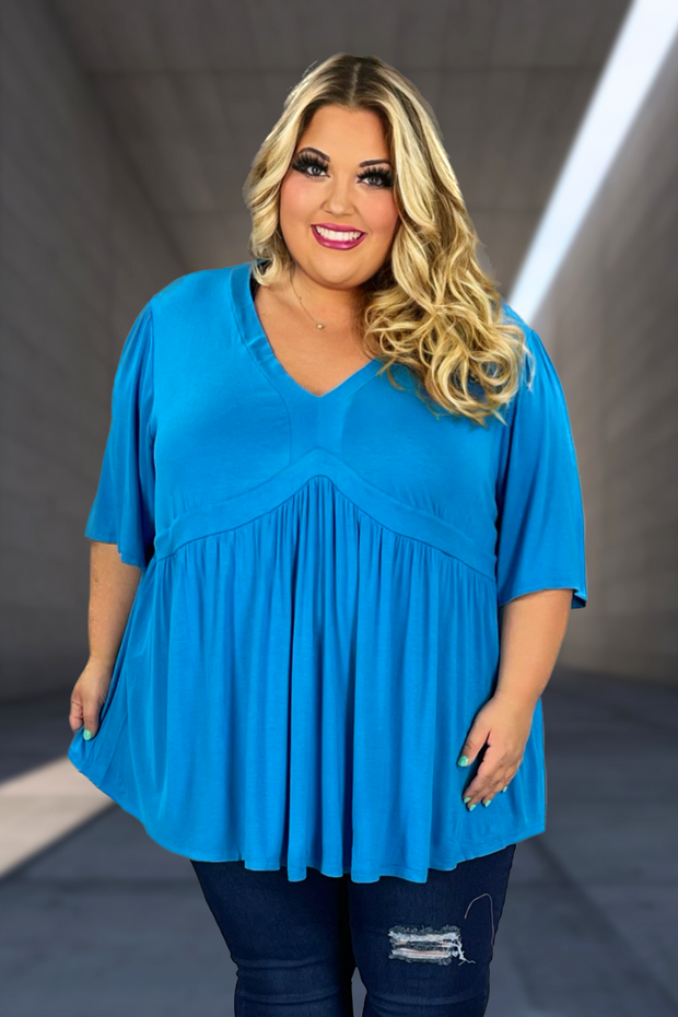 98 SSS-H {Catching Glances} Blue SALE!! V-Neck Babydoll Tunic CURVY BRAND!!!  EXTENDED PLUS SIZE XL 2X 3X 4X 5X 6X