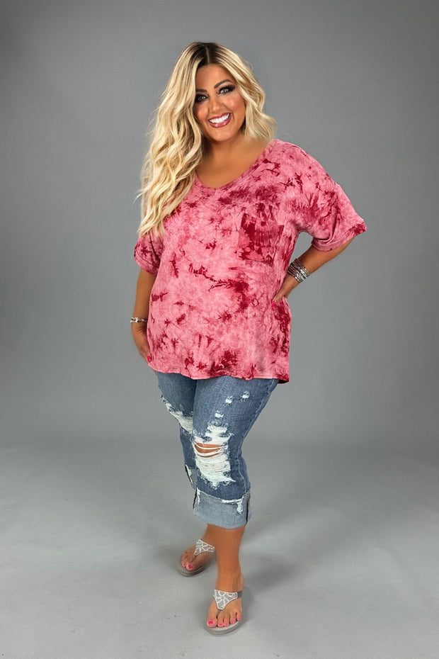 95 PSS-G {Come For It} Garnet Tie Dye Top w/Pocket PLUS SIZE 1X 2X 3X