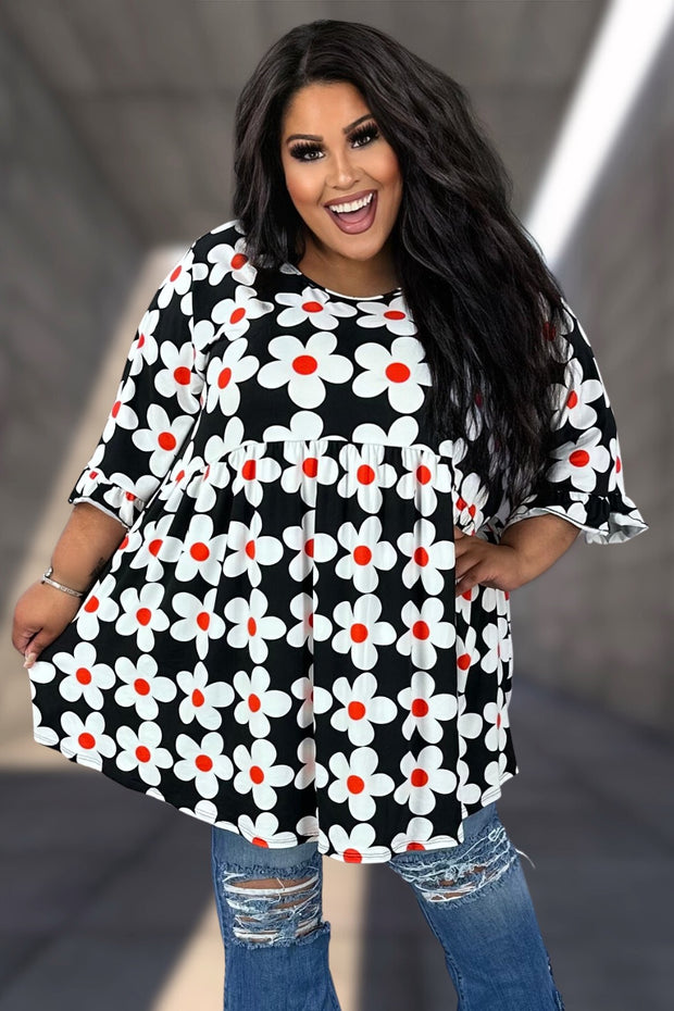 76 PSS {Center Stage Daisy} Black Daisy Print Babydoll Top CURVY BRAND!!!  EXTENDED PLUS SIZE 4X 5X 6X