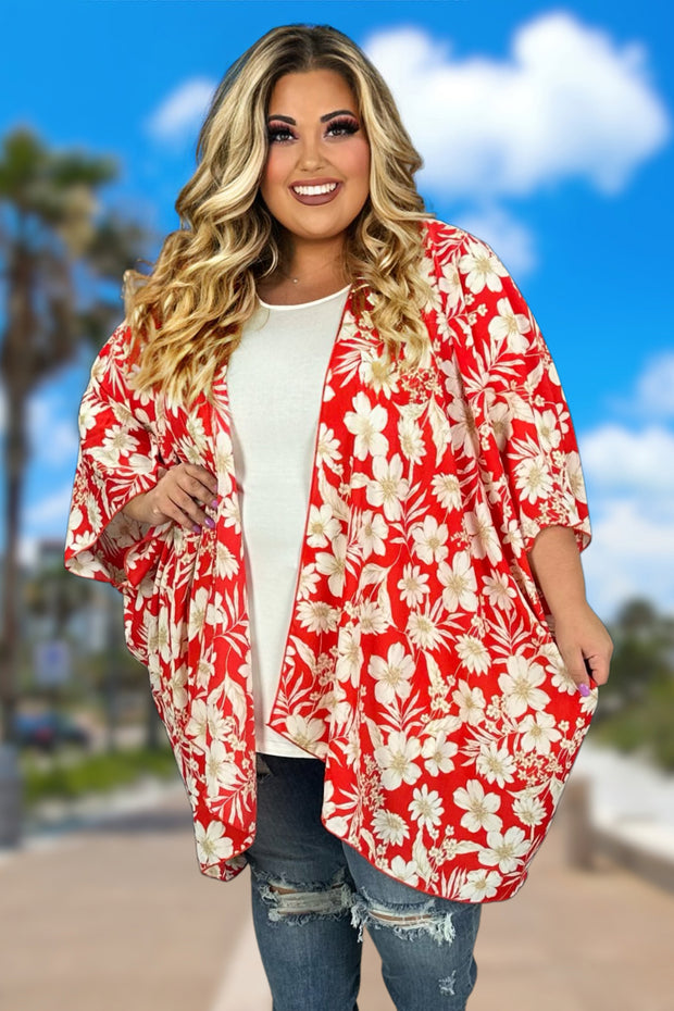 53 OT-C {Let Love In} Red/Ivory Floral Kimono EXTENDED PLUS SIZE XL 2X 3X 4X 5X