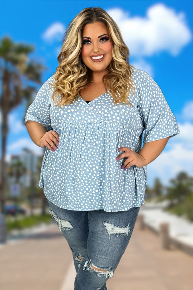 17 PSS-Y {Fresh Air} Denim Dalmation Print Babydoll Top PLUS SIZE 1X 2X 3X