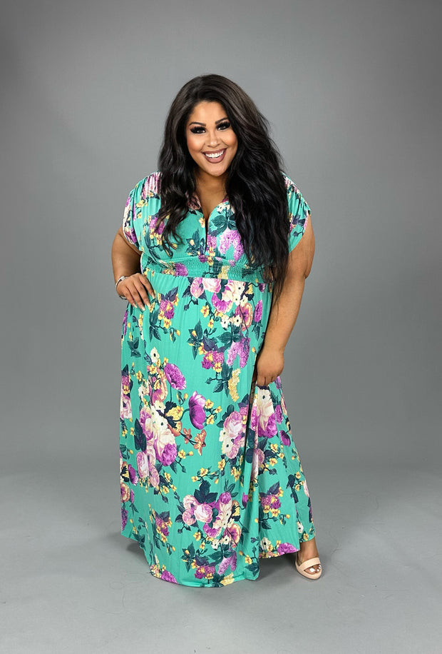 LD-Z & F {Mellow Moment} Emerald Floral Smocked Maxi Dress PLUS SIZE 1X 2X 3X