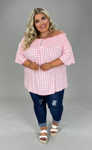 33 OS-B {Pink Lady} Pink Gingham  SALE!! Open Shoulder Top PLUS SIZE 1X 2X 3X