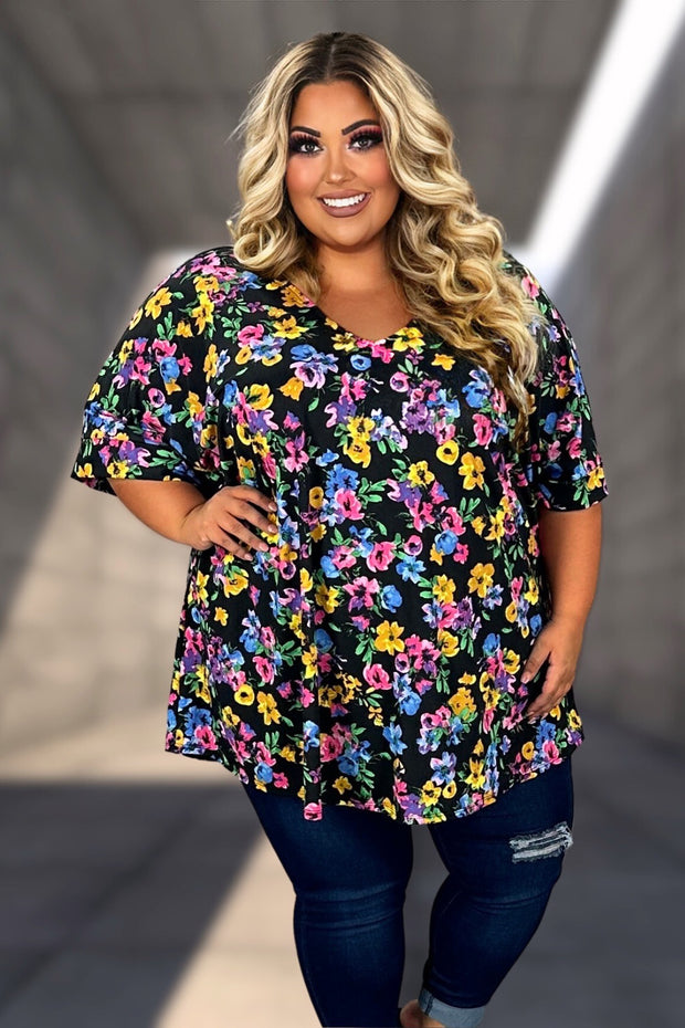 74 PSS {Gonna Be A Good Day} Black Floral V-Neck Top CURVY BRAND!!!  4X 5X 6X