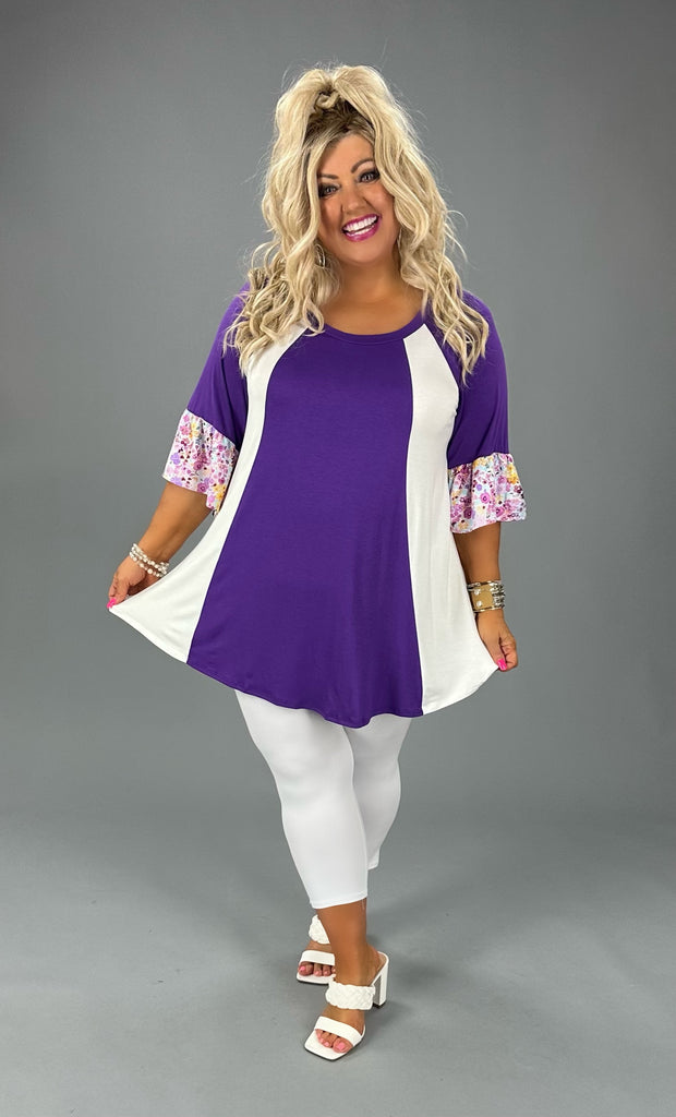 32 CP-P {Curvy Inspiration} Purple/Ivory Floral Tunic CURVY BRAND!!!  EXTENDED PLUS SIZE XL 2X 3X 4X 5X 6X