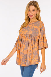 55 PSS-M {All The Love} Charcoal/Orange Print Babydoll Top PLUS SIZE 1X 2X 3X