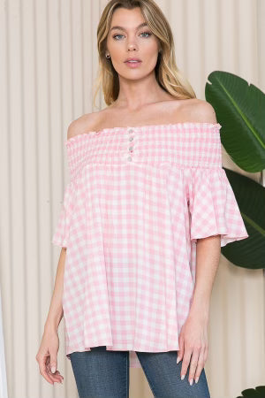 33 OS-B {Pink Lady} Pink Gingham  SALE!! Open Shoulder Top PLUS SIZE 1X 2X 3X