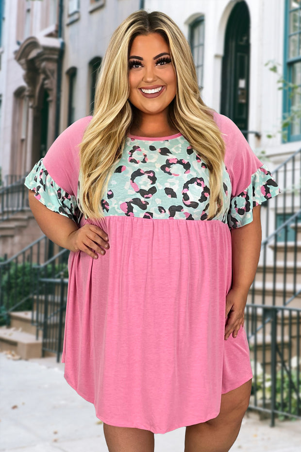 68 CP-C {Can Hardly Wait} PINK Print Babydoll Dress PLUS SIZE 1X 2X 3X