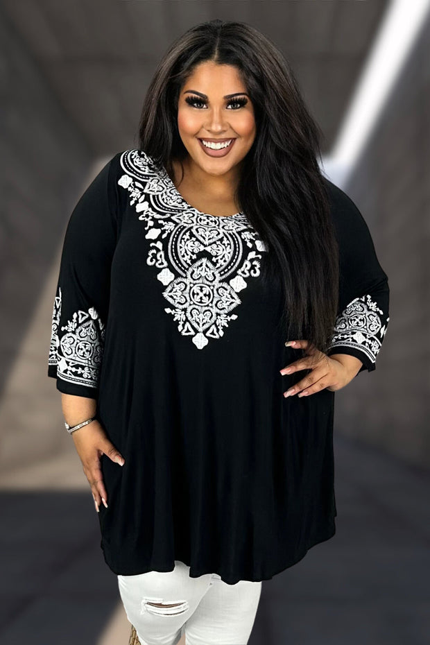 60 SD {Classy Beauty} Black V-Neck Embossed Tunic CURVY BRAND!!!  EXTENDED PLUS SIZE XL 2X 3X 4X 5X 6X