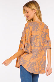 55 PSS-M {All The Love} Charcoal/Orange Print Babydoll Top PLUS SIZE 1X 2X 3X