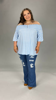 33 OS-C {Classy Lady} Blue Gingham  SALE!! Open Shoulder Top P[LUS SIZE 1X 2X 3X