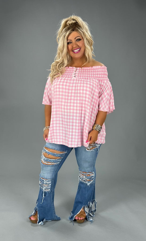 33 OS-B {Pink Lady} Pink Gingham  SALE!! Open Shoulder Top PLUS SIZE 1X 2X 3X