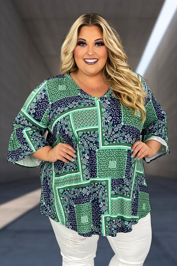 32 PQ {Coming In Hot} Green/Navy Paisley V-Neck Top CURVY BRAND!!!  EXTENDED PLUS SIZE 4X 5X 6X