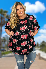 27 PSS-G {Floral Memories} Black Floral Short Sleeve Top EXTENDED PLUS SIZE 3X 4X 5X