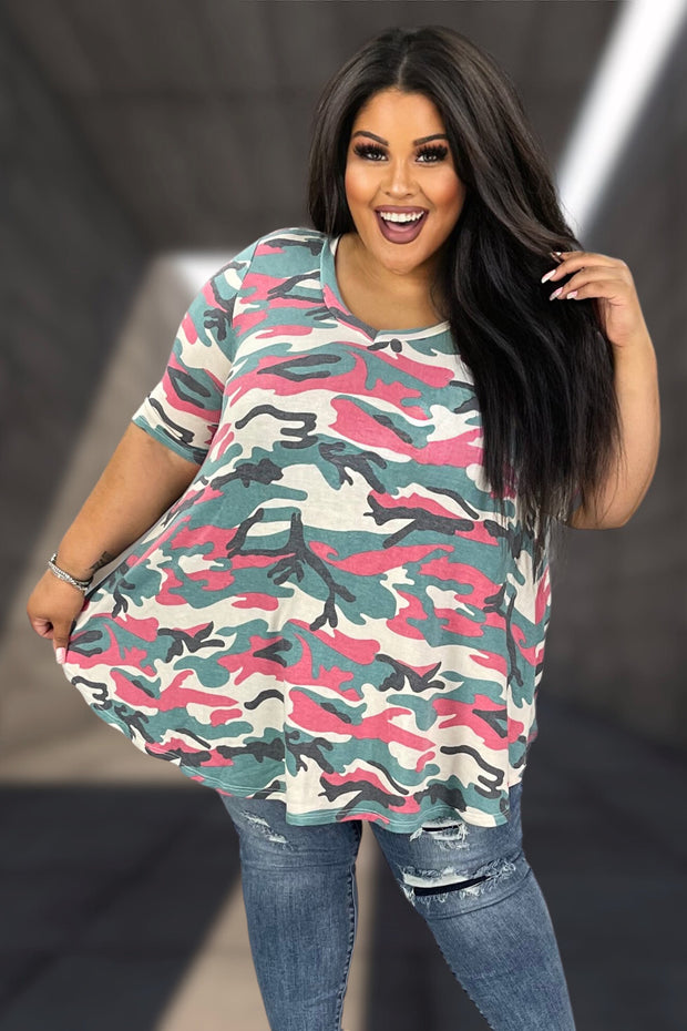 43 PSS-D {Camo Ready} Multi-Color Camo V-Neck Top EXTENDED PLUS SIZE 3X 4X 5X