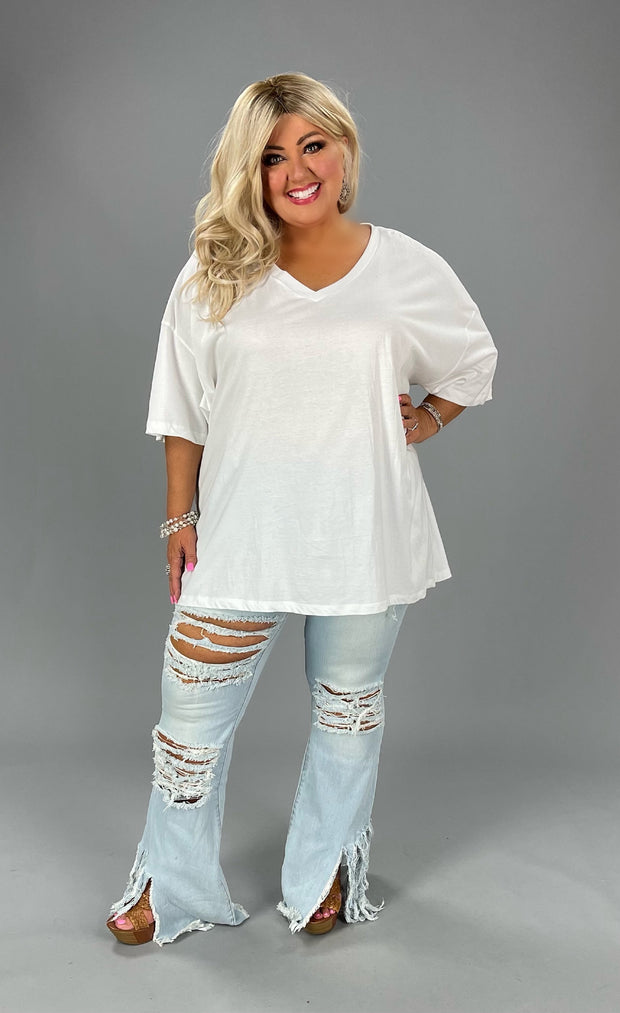 46 SSS-G {Charm Me} White Oversized V-Neck Top PLUS SIZE 1X 2X 3X