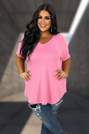 80 SSS-X {Minimal Effort} Pink V-Neck Short Sleeve Top PLUS SIZE 1X 2X 3X