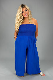 LD-A/M {Answers For You} Royal Blue Smocked Jumpsuit PLUS SIZE 1X 2X 3X