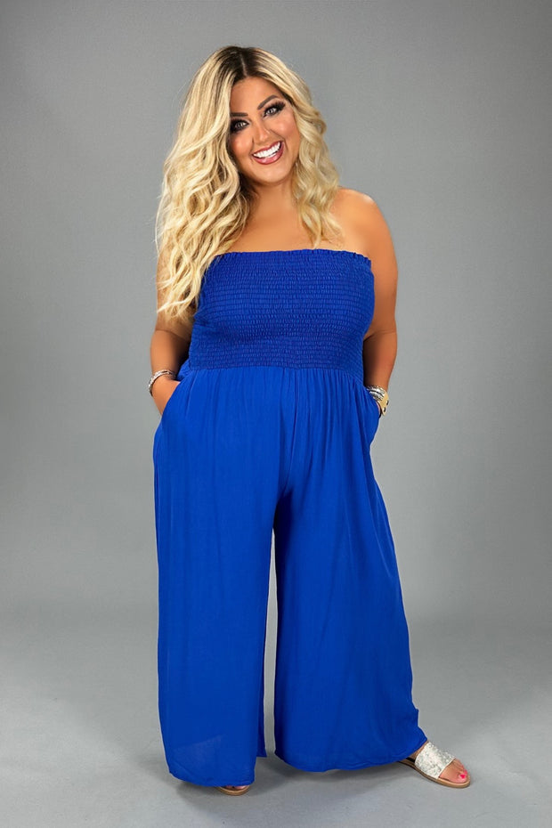 LD-A/M {Answers For You} Royal Blue Smocked Jumpsuit PLUS SIZE 1X 2X 3X