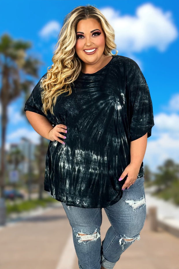 78 PSS-L {Adventures Waiting} Black Tie Dye Top PLUS SIZE 1X 2X 3X