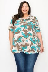 64 PSS-H {Captured Camo} Teal Camo Printed Top EXTENDED PLUS SIZE 3X 4X 5X