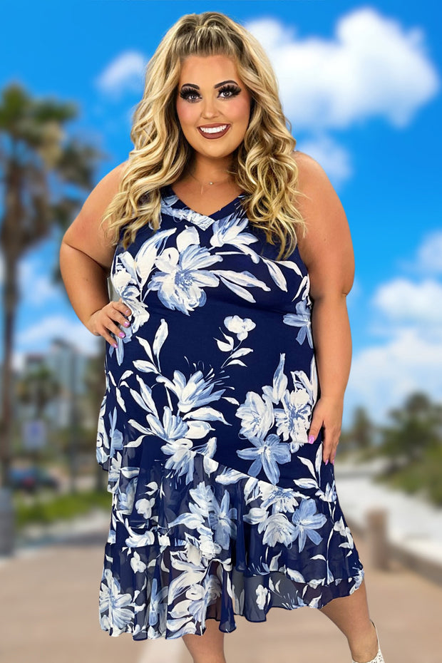 LD-B {Forgotten Romance} Blue Floral Midi Dress PLUS SIZE 1X 2X 3X