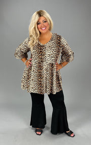 96 PSS-D {String You Along} Brown Leopard V-Neck Babydoll Top EXTENDED PLUS SIZE 3X 4X 5X