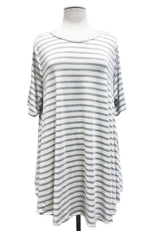 77 PSS-G {Basic Stripes} Ivory Grey Striped Top PLUS SIZE 1X 2X 3X