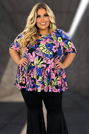 47 OR 39 PSS-B {View From The Island} Multi-Color Floral Babydoll Top PLUS SIZE 1X 2X 3X